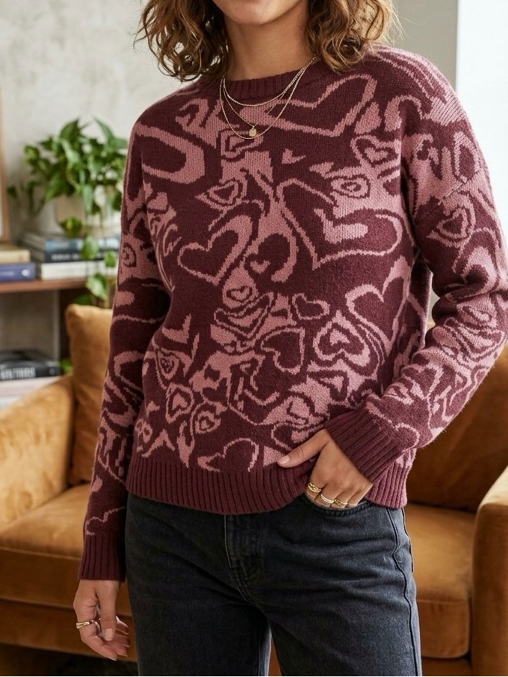 Just Polly Patterned Crewneck Sweater in Mauve and Dusty Rose- Medium NWOT